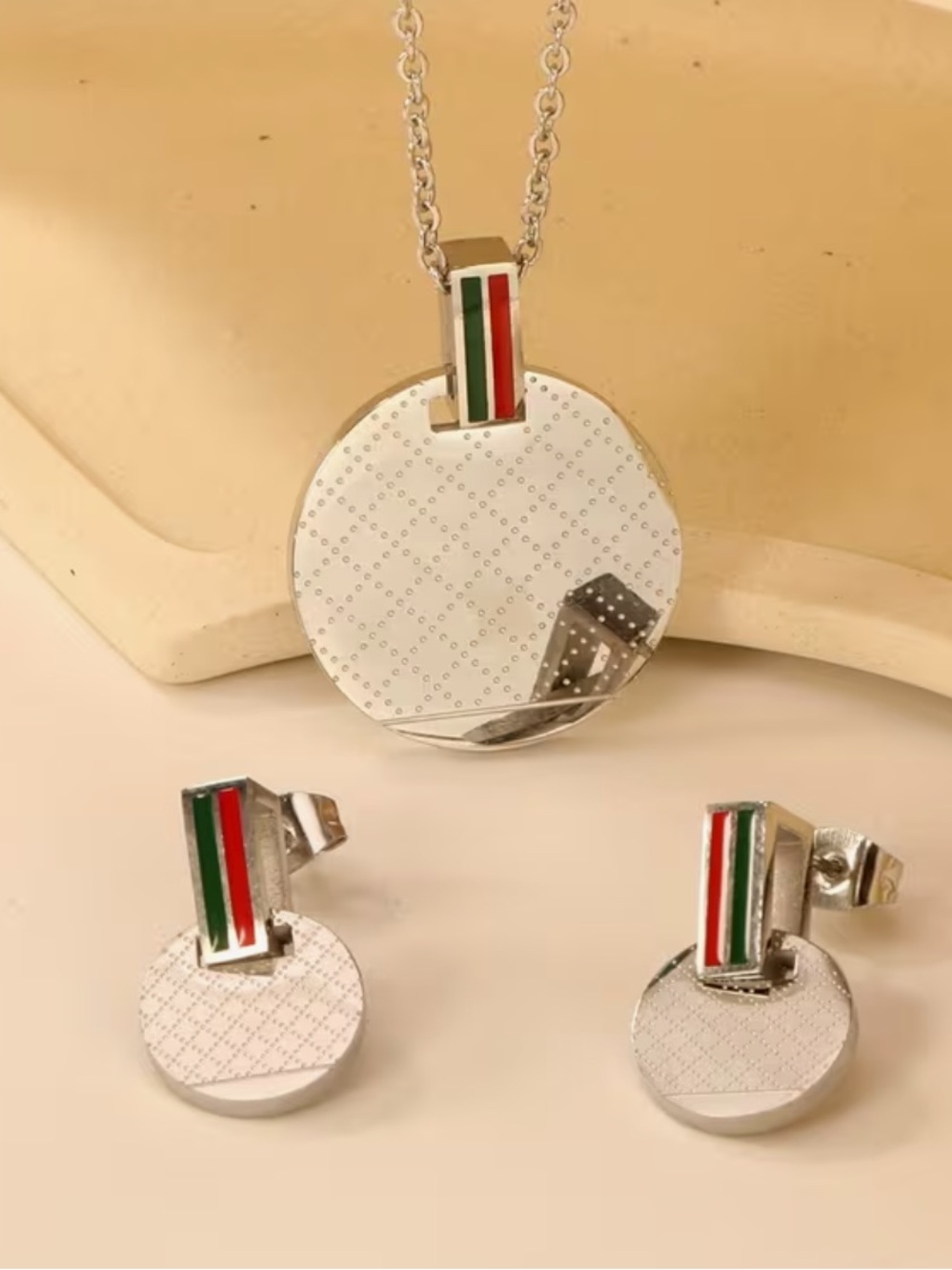 Round Pendant Necklace & Earrings Set with Red-Green Stripe Accent